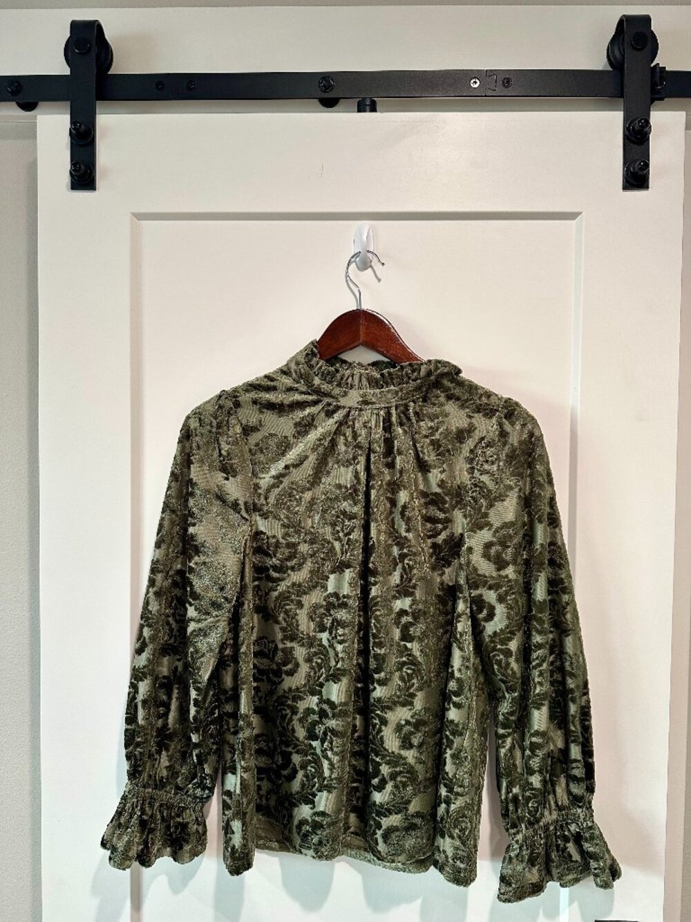 NWT Hem & Thread Olive Velvet Burnout Floral Ruffle Sheer Blouse S